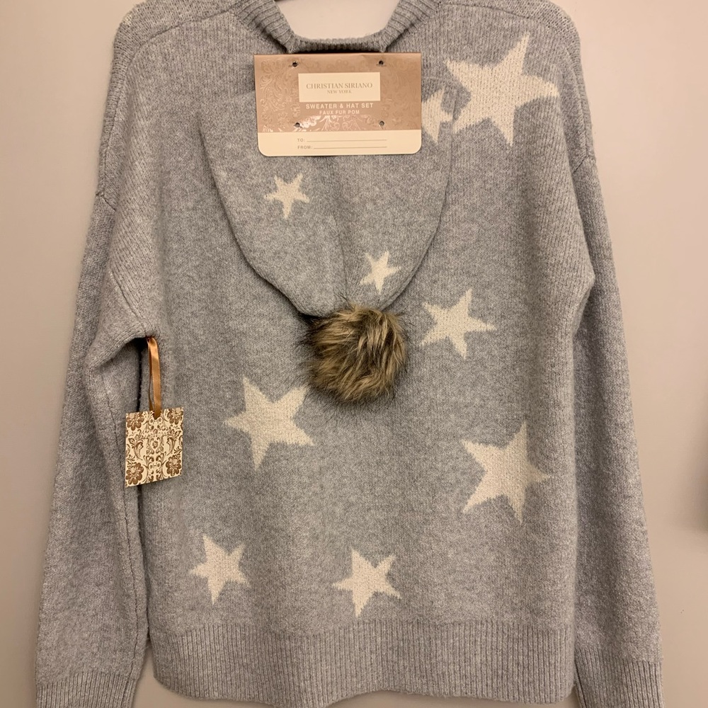 Christian Siriano Gray Sweater with white stars with matching faux fur hat